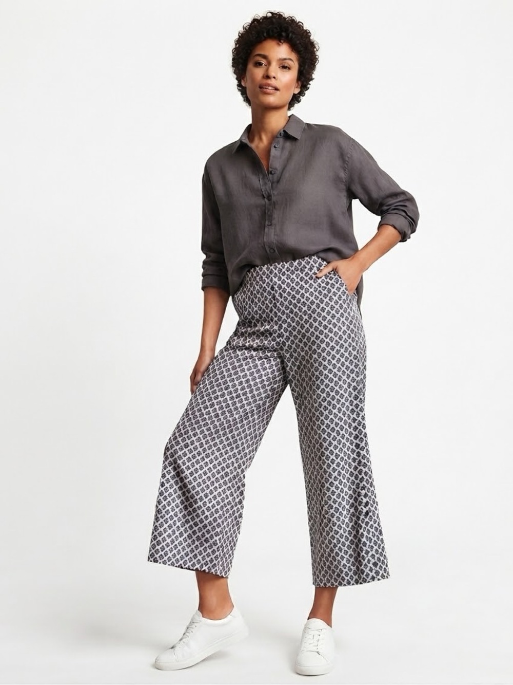 J.Jill Wearever Blue White Geometric Print Pull-On Crop Pants Large Petite NWT